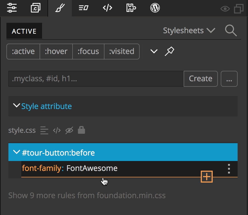 Screenshot of adding a new rule after the Font Awesome family in the Pinegrow Styles panel
