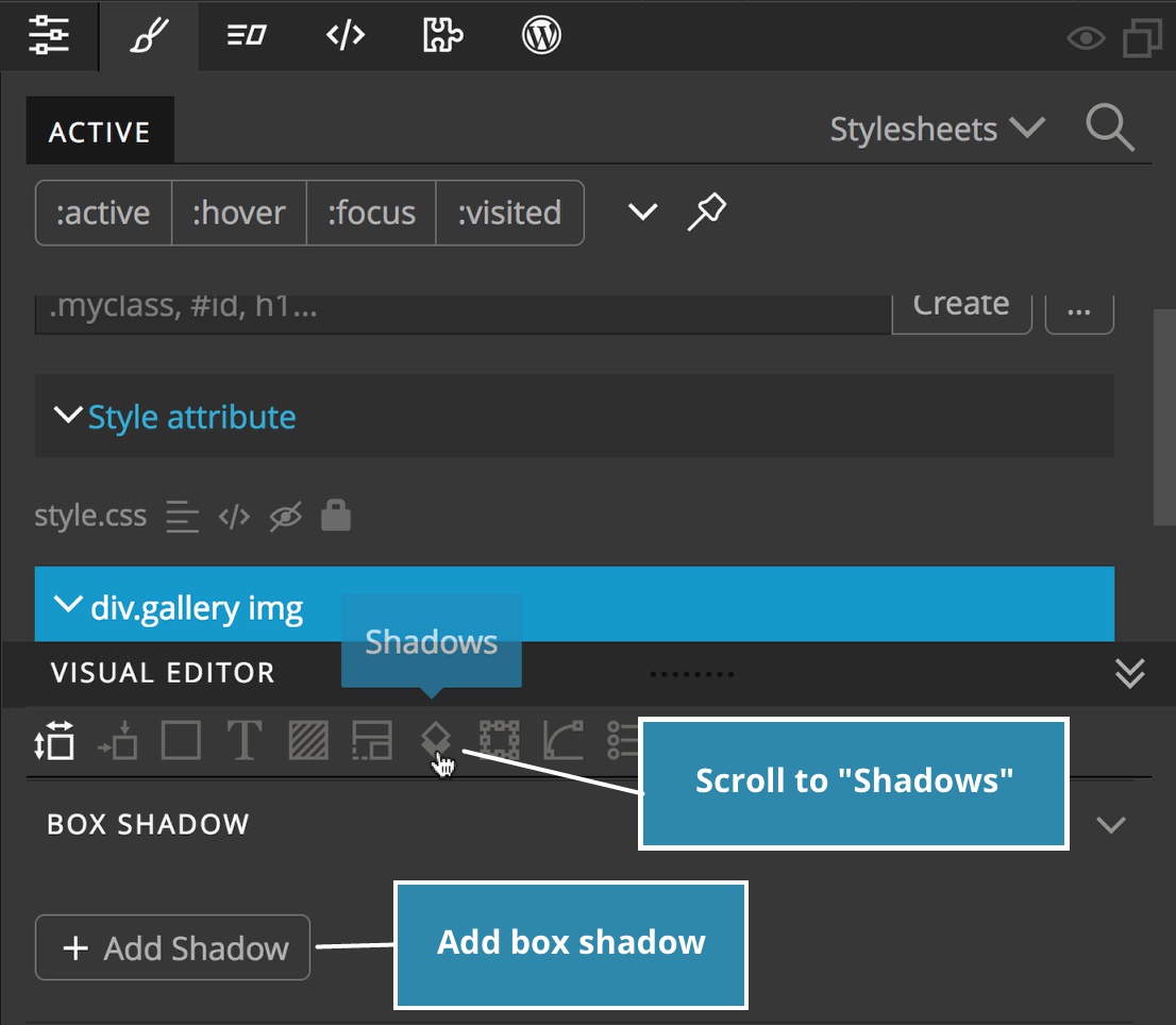 Screenshot showing the location of the "Shadows" icon in the Visual Editor