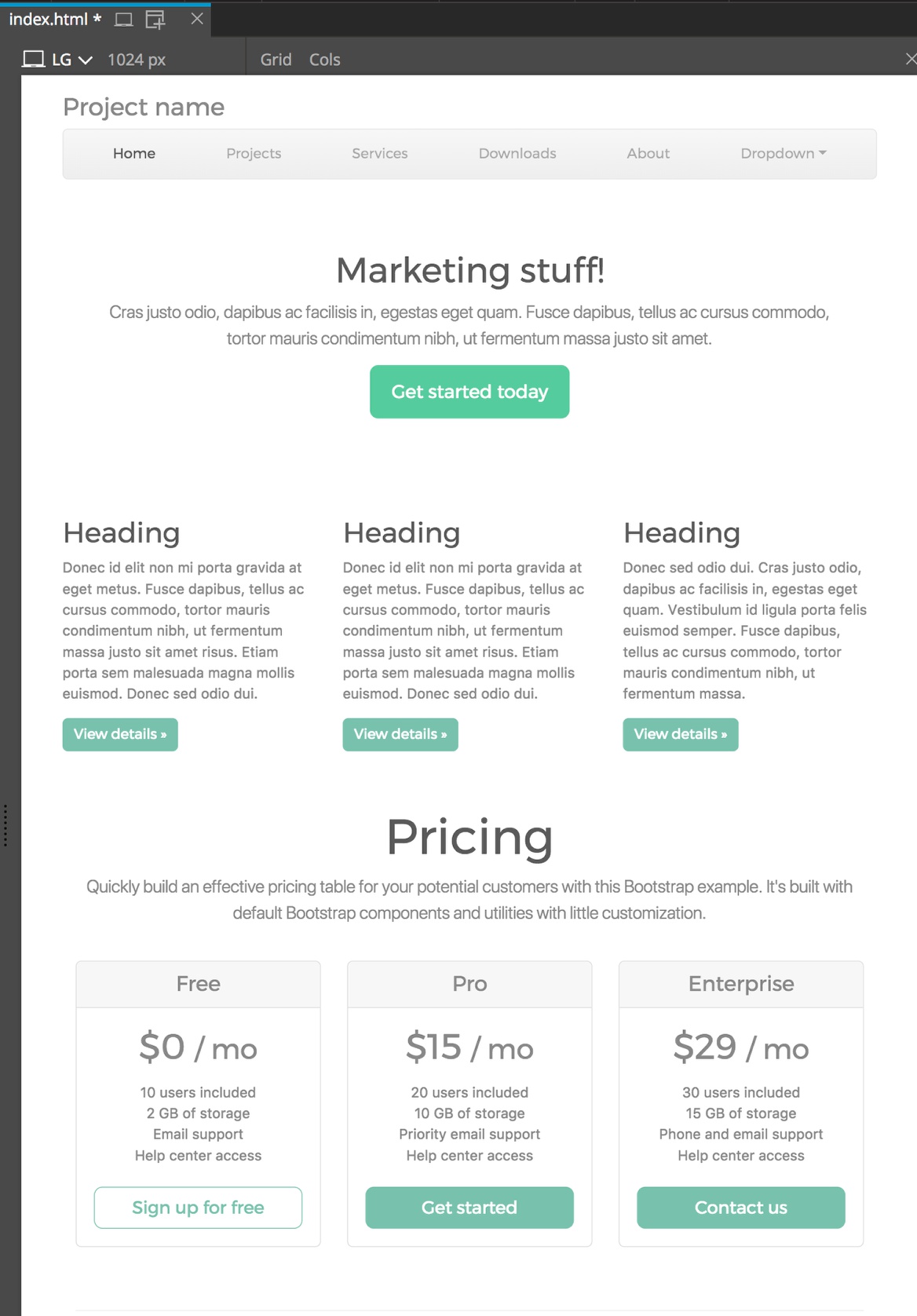 Screenshot of the Pinegrow Bootstrap 4 page with Minty styling