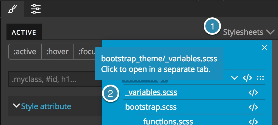 Screenshot of opening the _variables.scss file for editing in Pinegrow