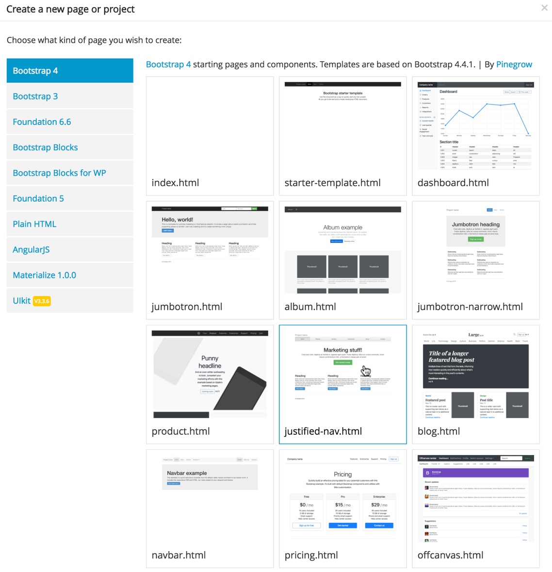 Screenshot of the Pinegrow Bootstrap 4 template selection