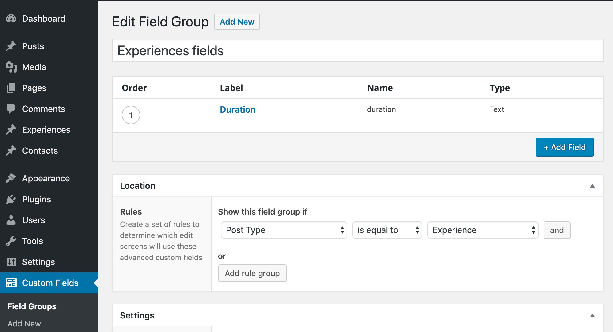 Defining custom field group for our custom post type.