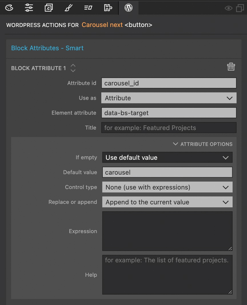 Pinegrow block attribute control to add carousel attribute to controls