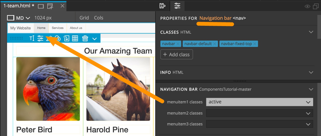 Editable classes are accessible from the Pinegrow Properties panel