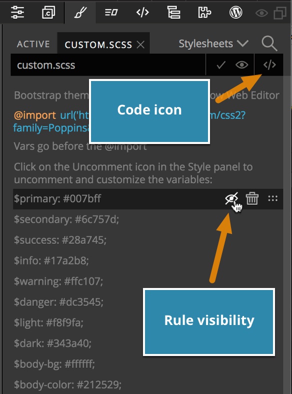 Toggling rule visibility in the Pinegrow Styles panel