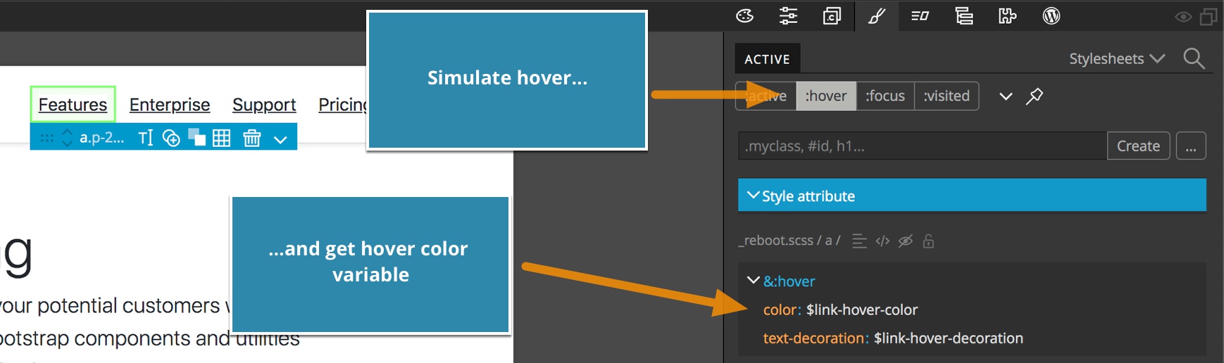 Steps for finding hover variables in the Pinegrow Style panel