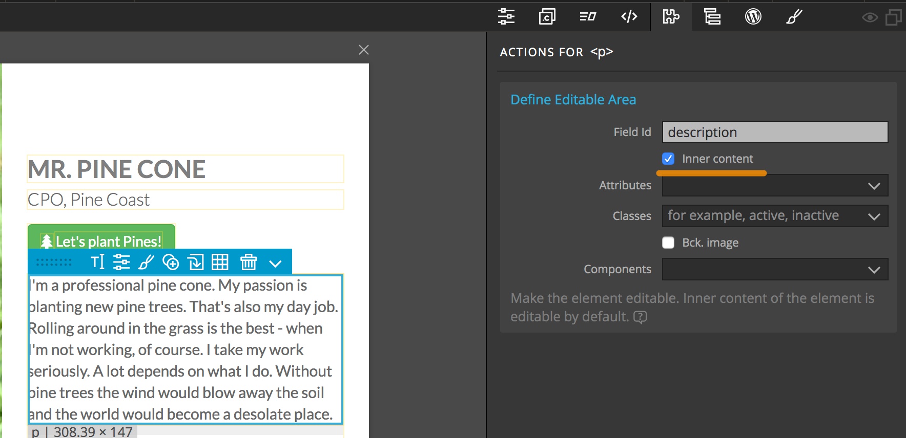 Pinegrow Components actions allow you to define editable content