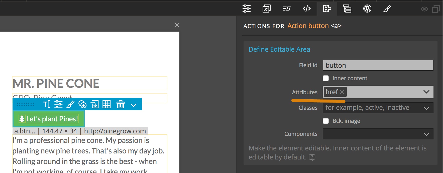 Pinegrow Components actions allow you to define editable content