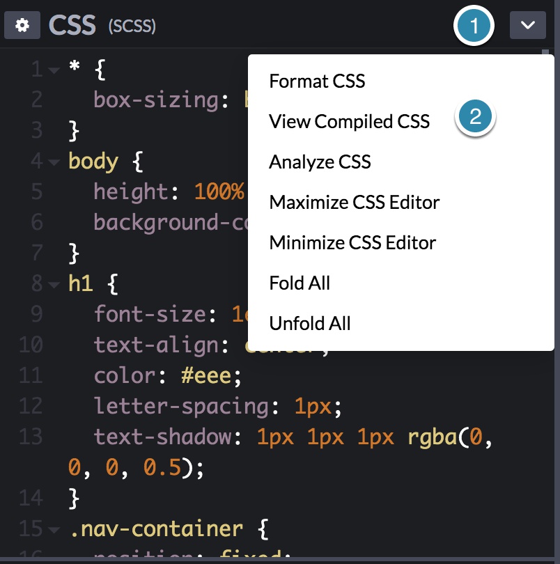 Screenshot of the CSS compiler settings on the CodePen example.