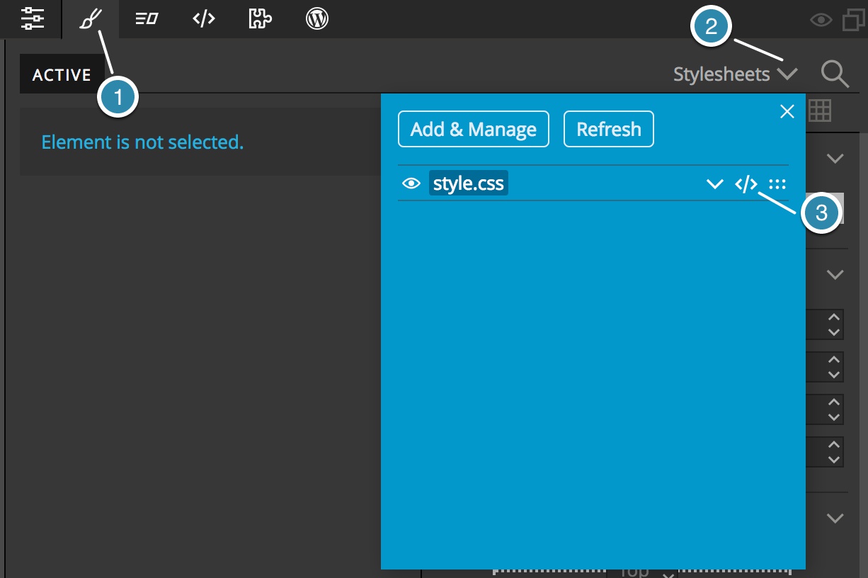 Screenshot of opening up a stylesheet in Pinegrow to add CSS.