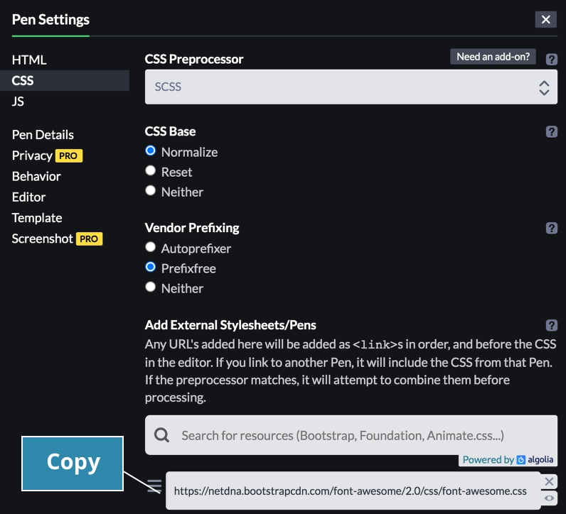 Screenshot of the CSS settings with CDN of the CodePen example.