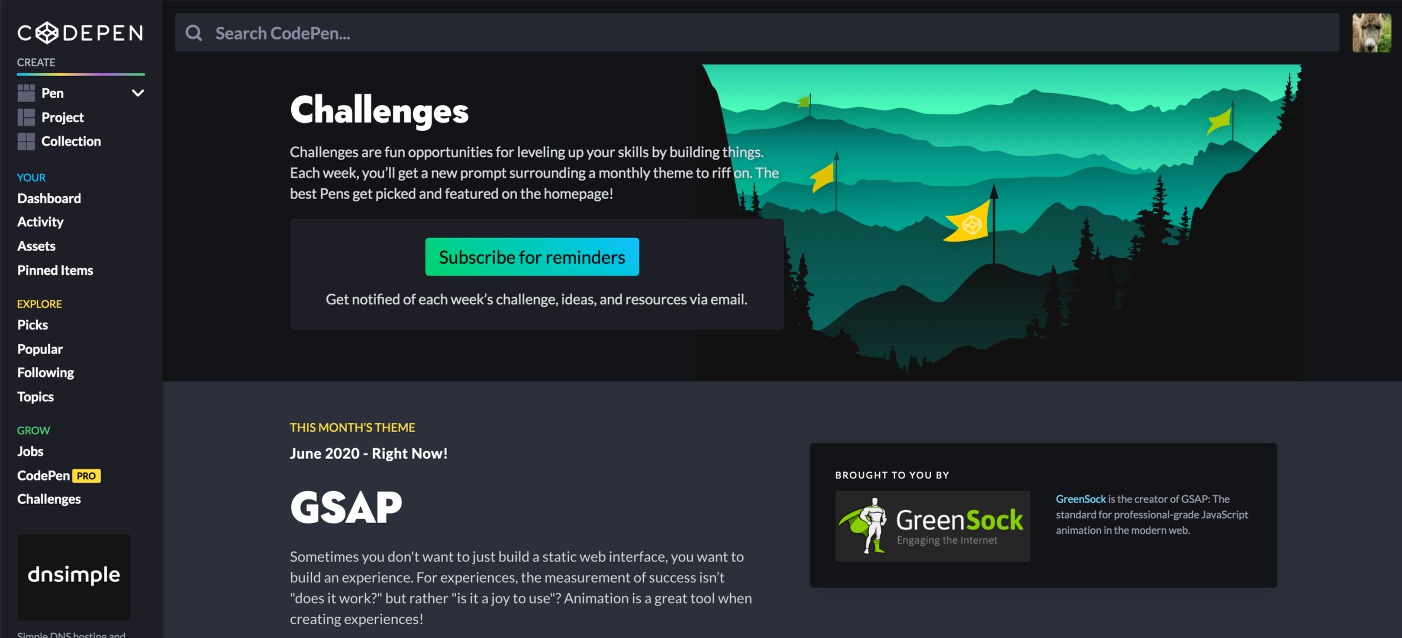 Screenshot of the CodePen Challenges screen