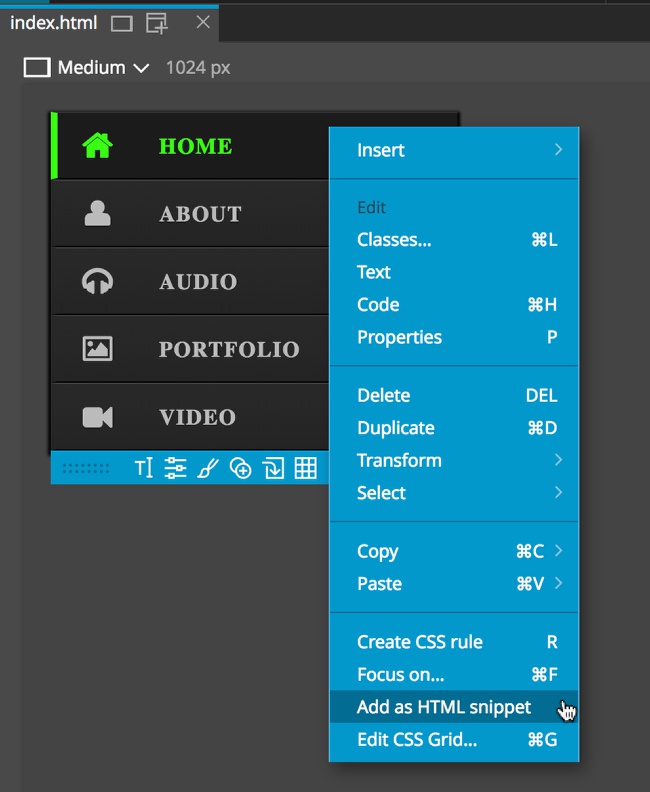Screenshot of the Pinegrow element context menu.