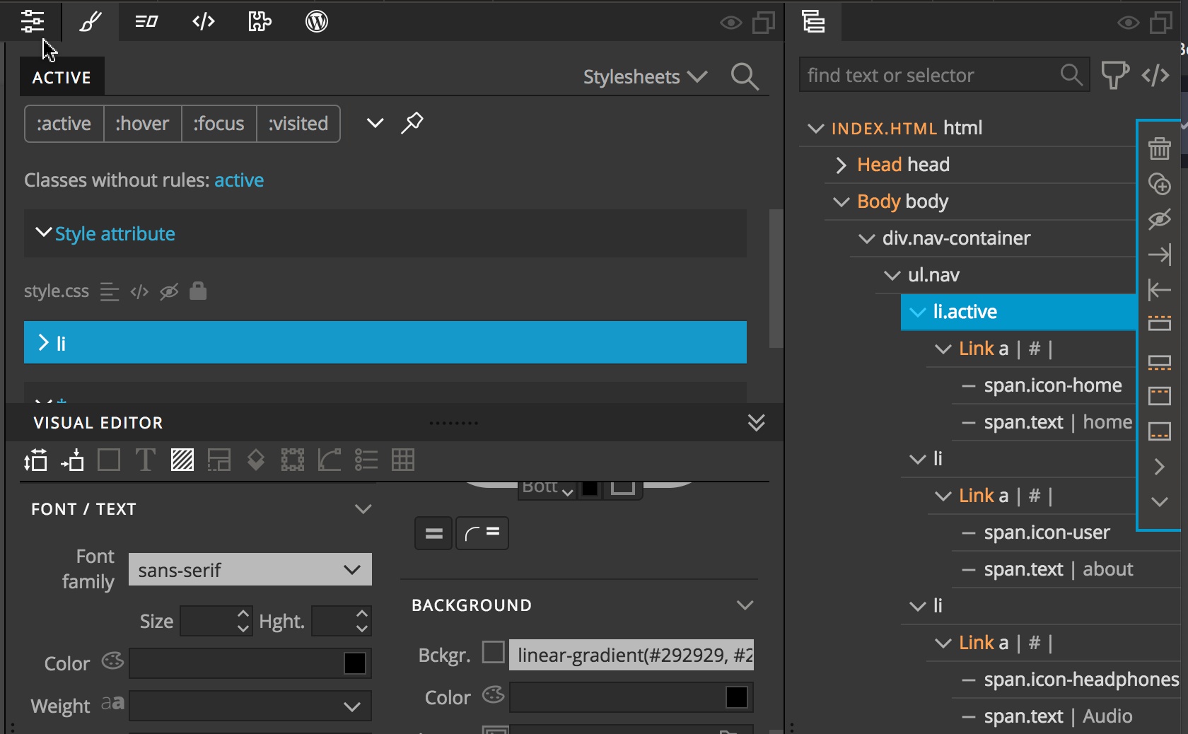 Screenshot of the Pinegrow Style panel font control