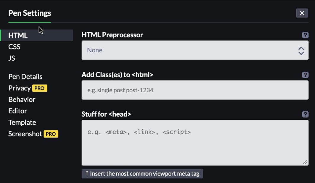 Screenshot of the example pen HTML settings