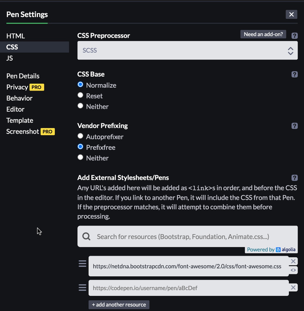 Screenshot of the example pen CSS settings.