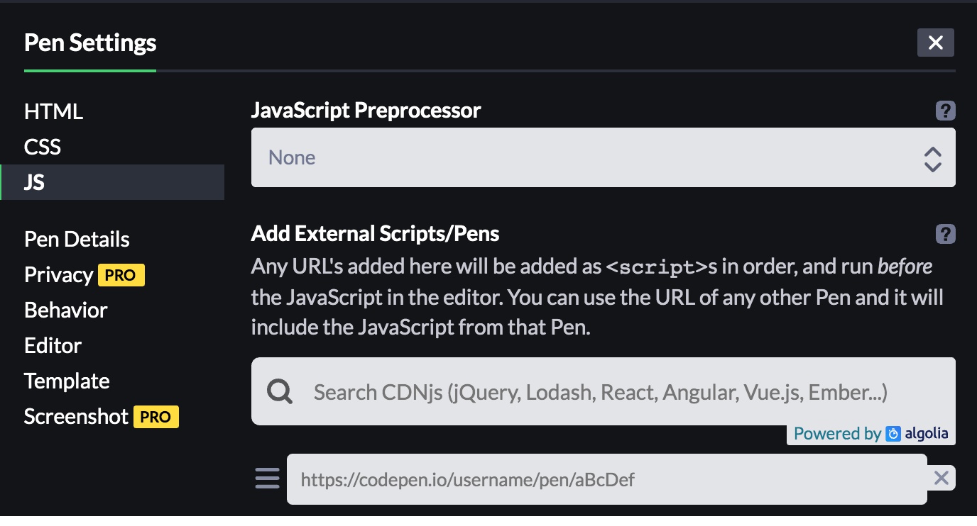 Screenshot of the example pen JS settings.