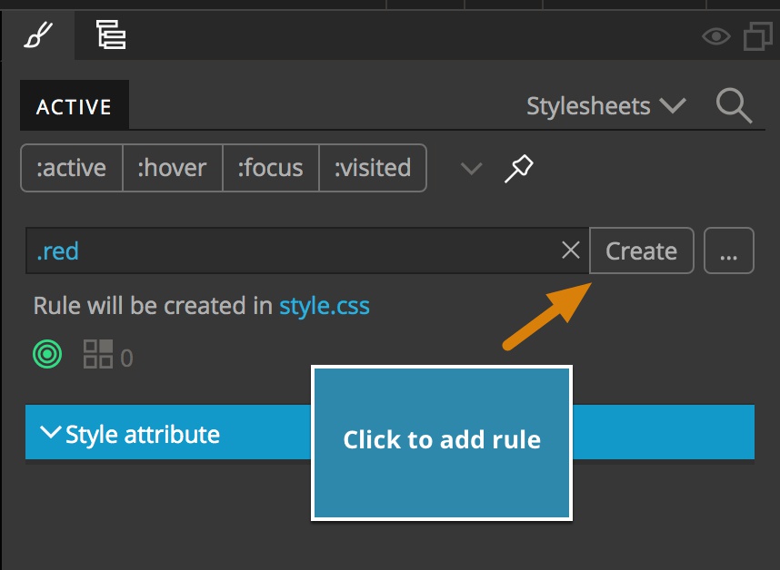 Creating a new CSS rule in the Pinegrow Styles panel