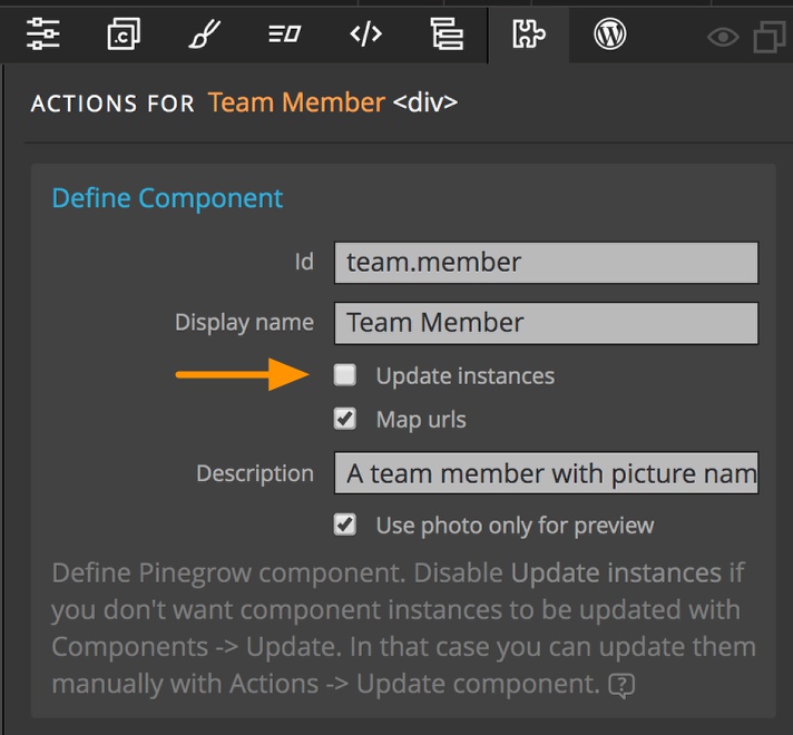 The Pinegrow component Actions panel allows turn off of instance updates