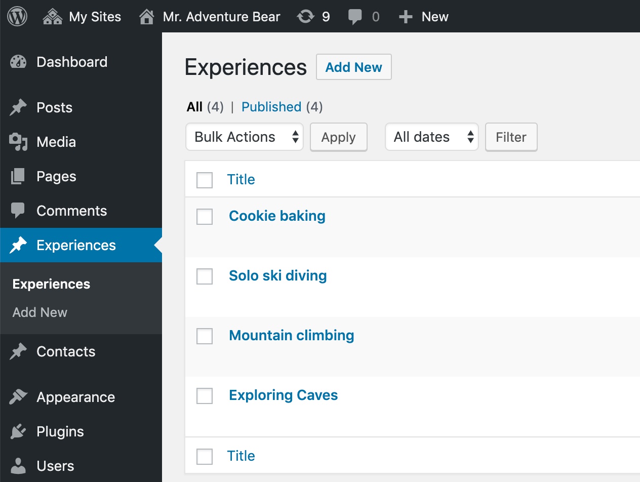 Custom post type "Experience" in WordPress dashboard.
