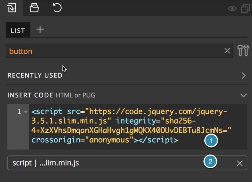 Screenshot of adding jQuery through the code box.
