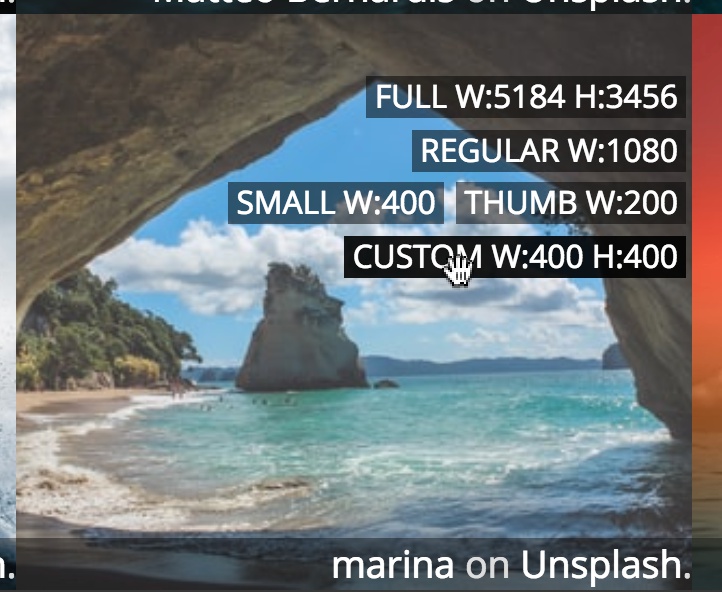 Screenshot of selecting Unsplash image custom size.