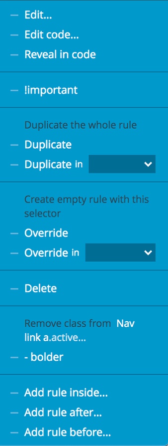 The Pinegrow Style panel ruleset context menu