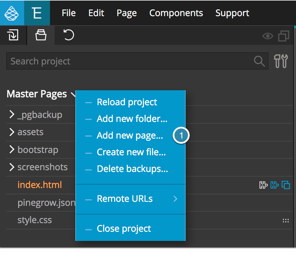 Screenshot of creating a new page in the Pinegrow Project panel