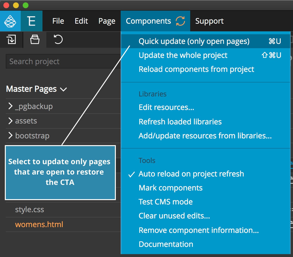 Screenshot of the Component open pages update menu