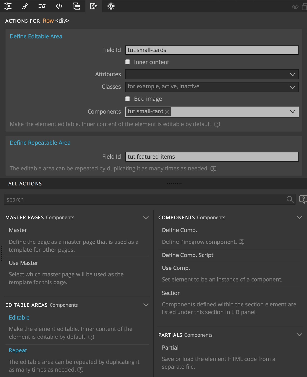 Screenshot of the Editable Areas and Repeatable Areas settings