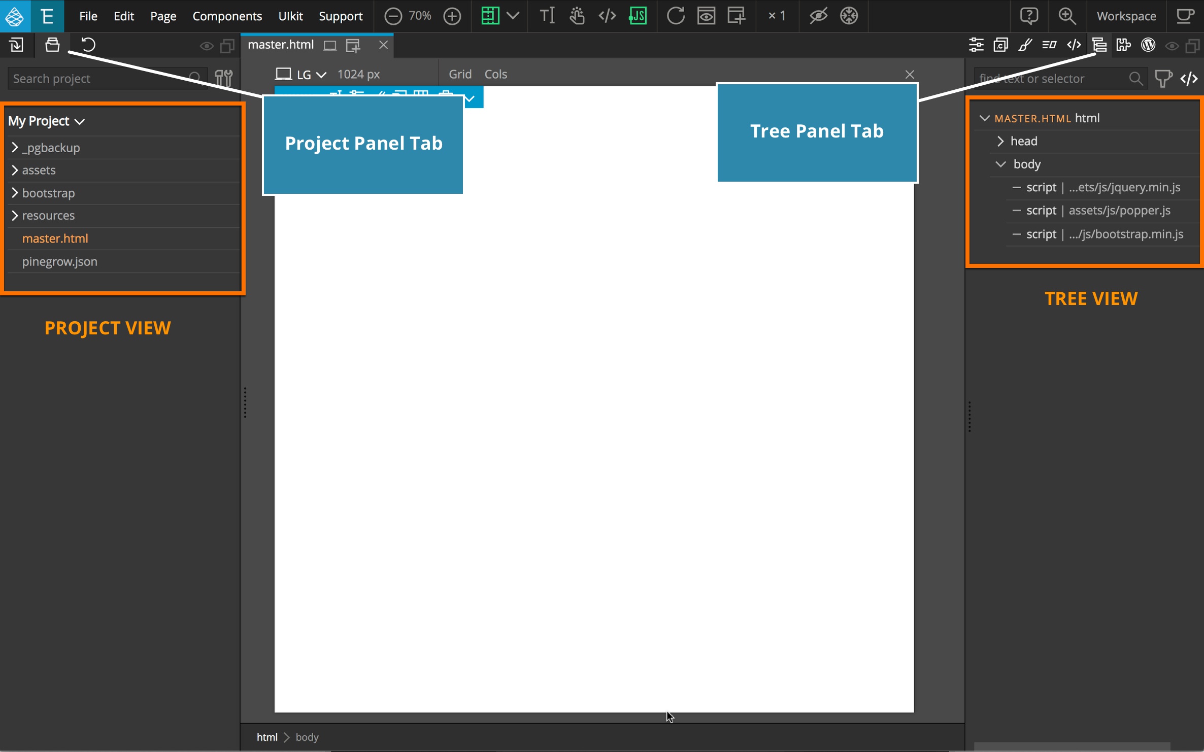 Pinegrow Project and Tree panels flanking the Page View