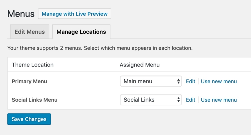 Editing menu locations in WordPress dashboard.