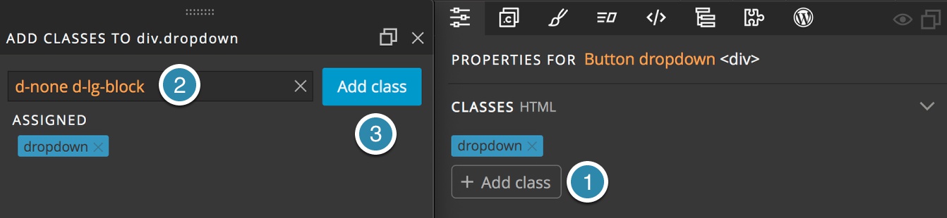 Adding classes in the Pinegrow Properties panel