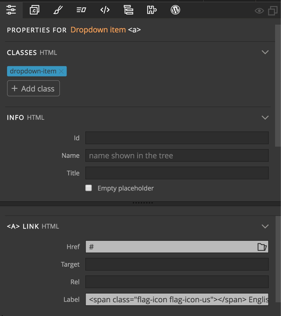 Changing the link label in the Pinegrow Properties panel