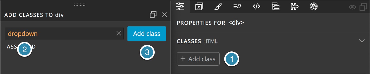 Adding classes in the Pinegrow Properties panel
