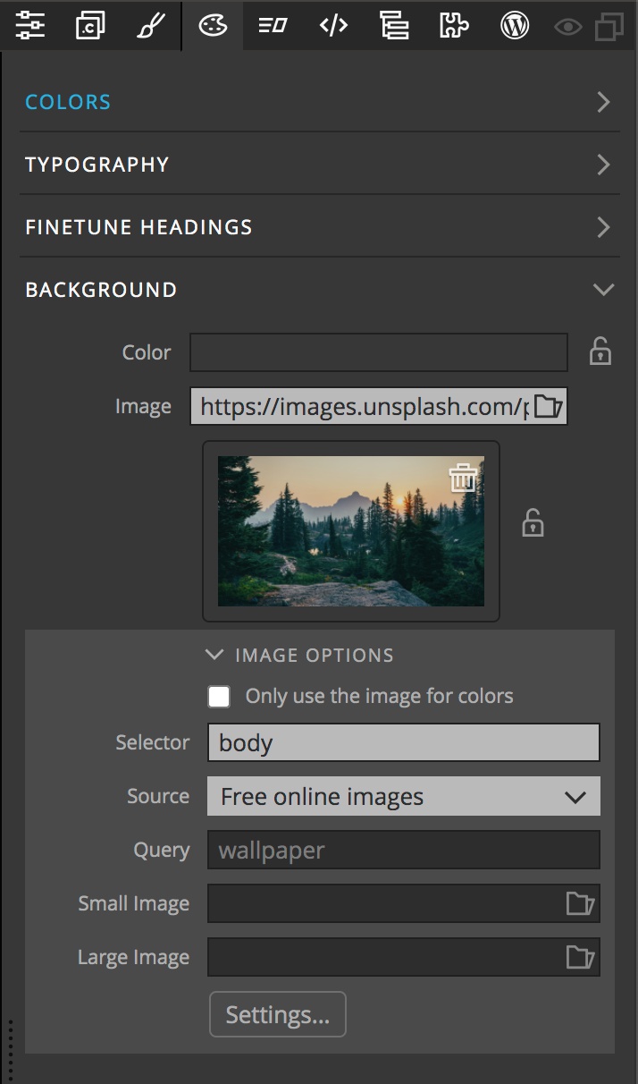Pinegrow Design panel Background section with multi-screen options