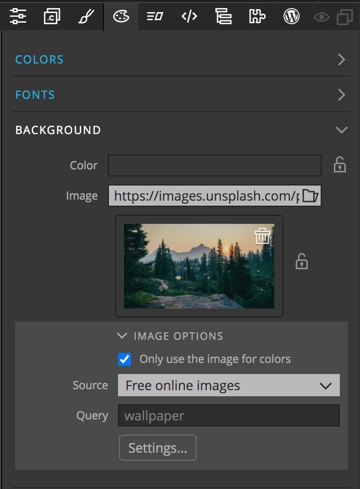 The Pinegrow Design panel Background section has multiple options