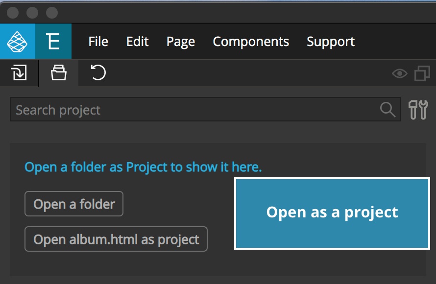 Screenshot of the project tab and open as project button.