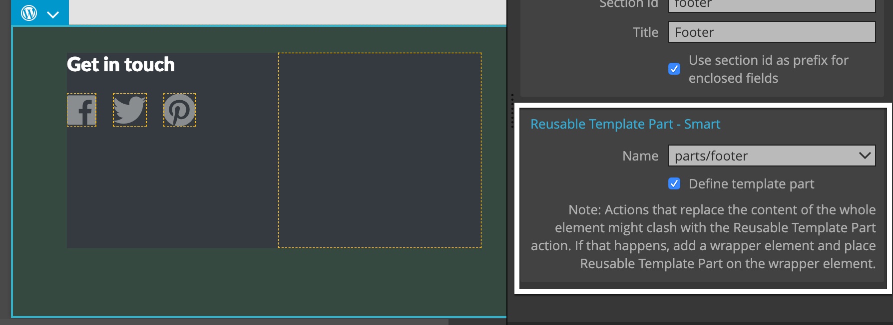 Defining a template part for the footer.