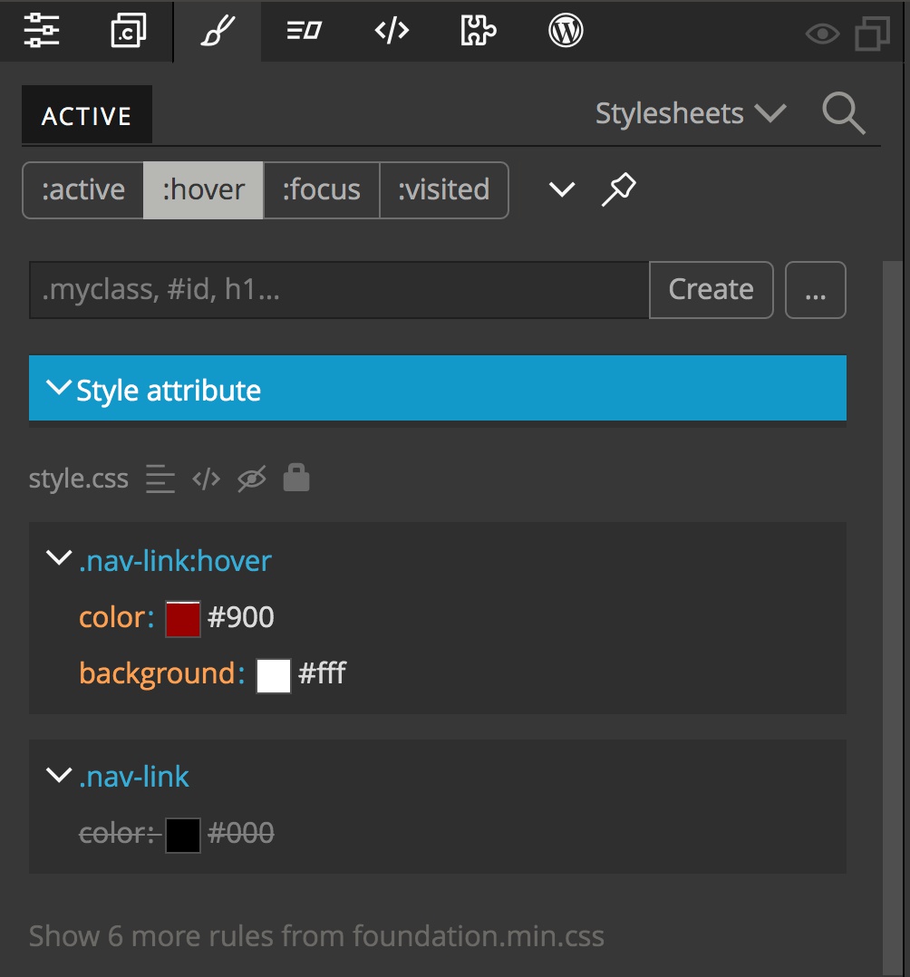 Screenshot of the Pinegrow Style panel with the ':hover' pseudo-class button active