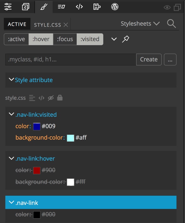 Screenshot of the Pinegrow Style panel with inactive rules crossed out