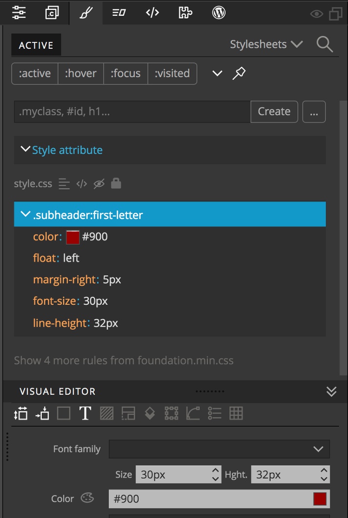 Screenshot of the dropcap styling in the Pinegrow style panel