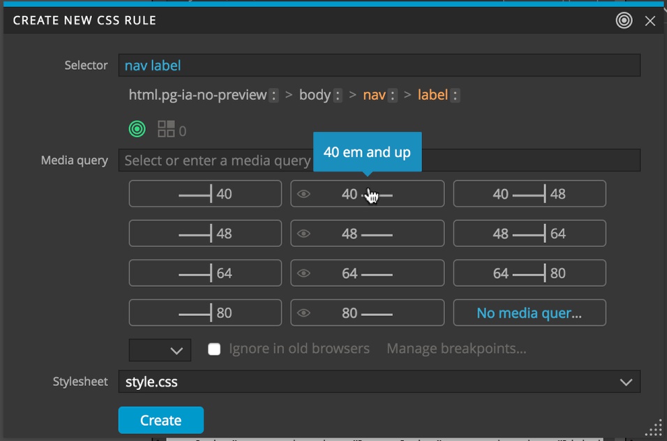 Selecting a media query from the Pinegrow Styles panel