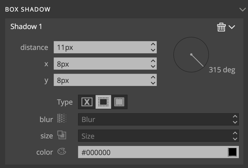 Screenshot of the box shadow settings.