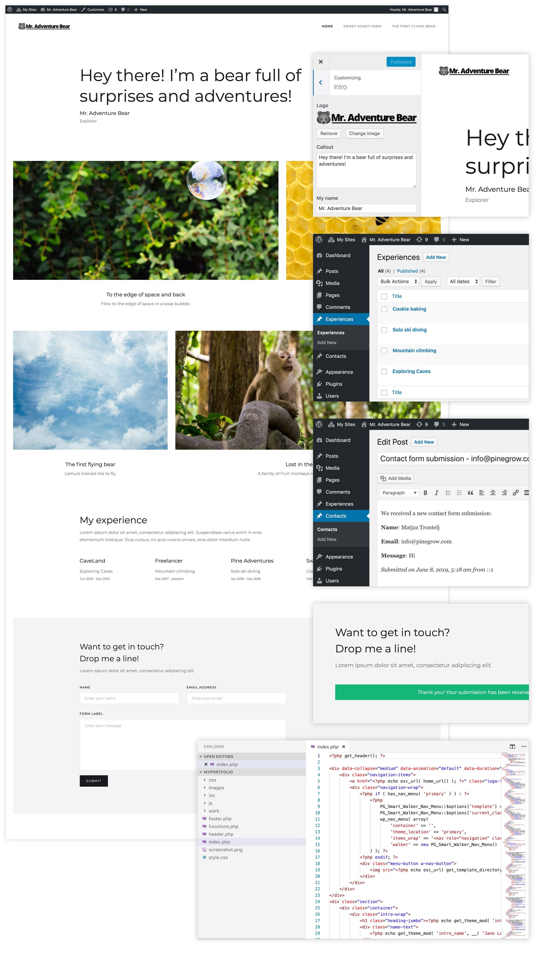 A converted WordPress site with dynamic areas, post collections, menus and functioning forms.