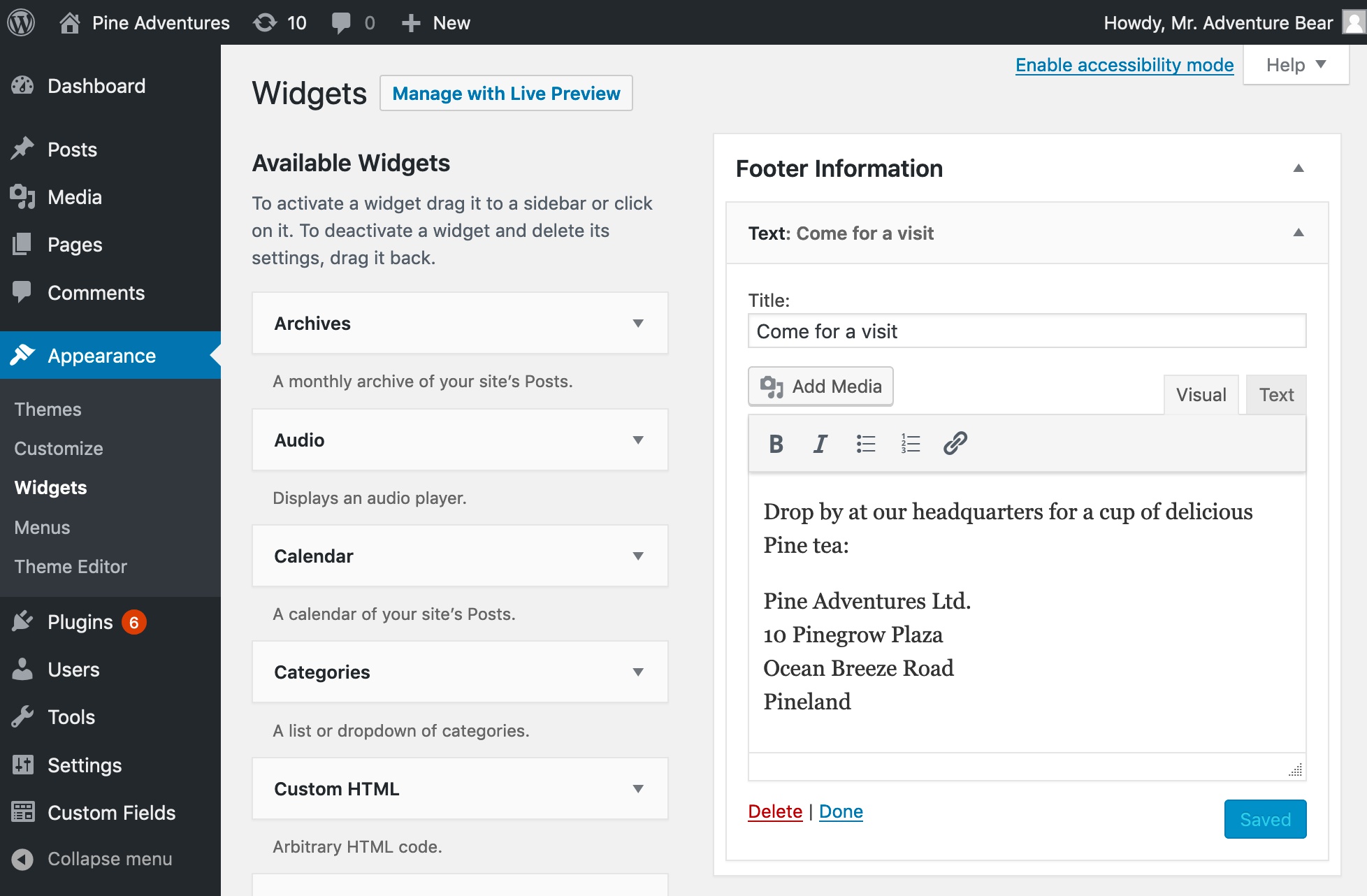 Editing the sidebar area in WordPress dashboard.