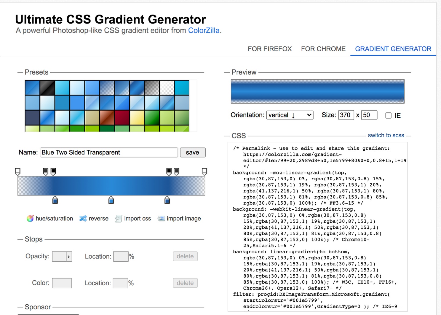 Screenshot of the colorzilla gradient generator