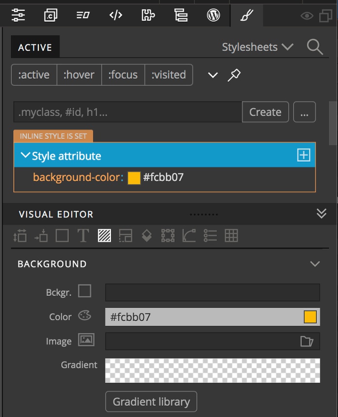 The Pinegrow Style panel and visual editor show inline styles