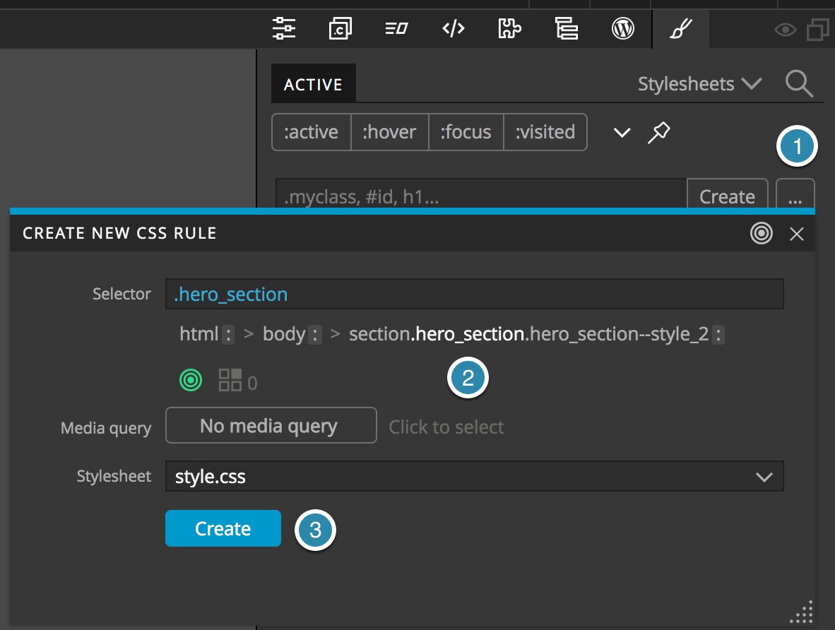Clicking the ellipses button in the Pinegrow style panel lets you construct new CSS rules