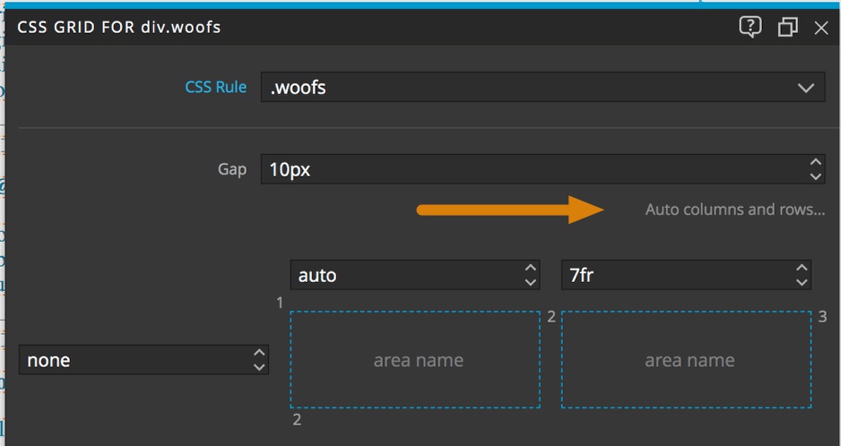 Adding auto-columns and -rows in the Pinegrow CSS Grid editor.